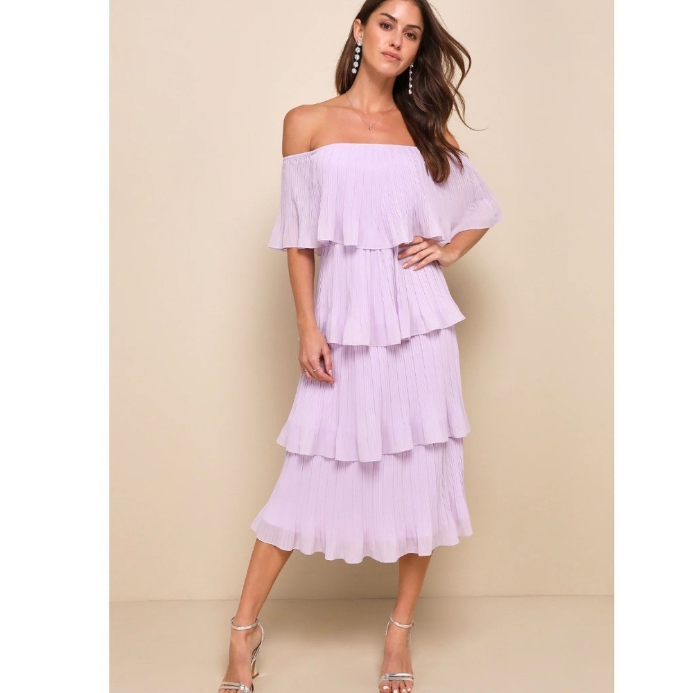 Lulus NEW Gala Ready Lavender Off-the-Shoulder Ruffle Midi Dress LARGE - Picture 3 of 10